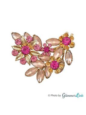 Vintage 1950s Judy Lee Pink Rhinestone Floral Gold Tone Brooch